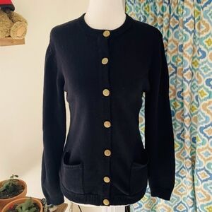 Liz Baker Essentials BLACK Sweater Button DOWN Gold Buttons Womens Size MEDIUM